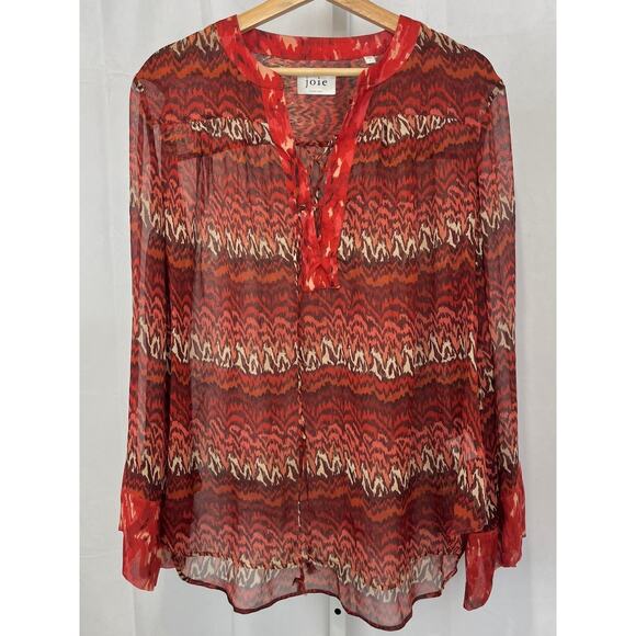 JOIE Bremene Sheer Silk Tunic Top Lace Up V Neck Printed Orange Red Brown Size L - Picture 1 of 9